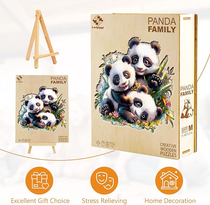 Wooden Puzzles for Adults, Panda Family Wooden Jigsaw Puzzles for Adults Kids, Unique Shaped Wood Puzzles Adult,Creative Birthday Gifts for Friends Family Game(11.4 * 11.2in 200pcs)