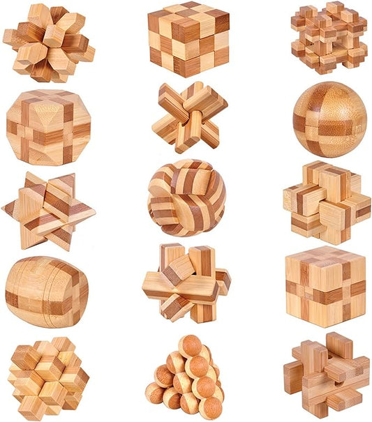 VolksRose 15pcs Wooden Brain Teaser Puzzles, IQ Challenge Puzzle Games, Logic Smart Mind Puzzle Box Lock Toy Removing Assembling 3D Small Puzzle Gift Set for Adults Teenagers Kids, 1.8inch 4.5cm
