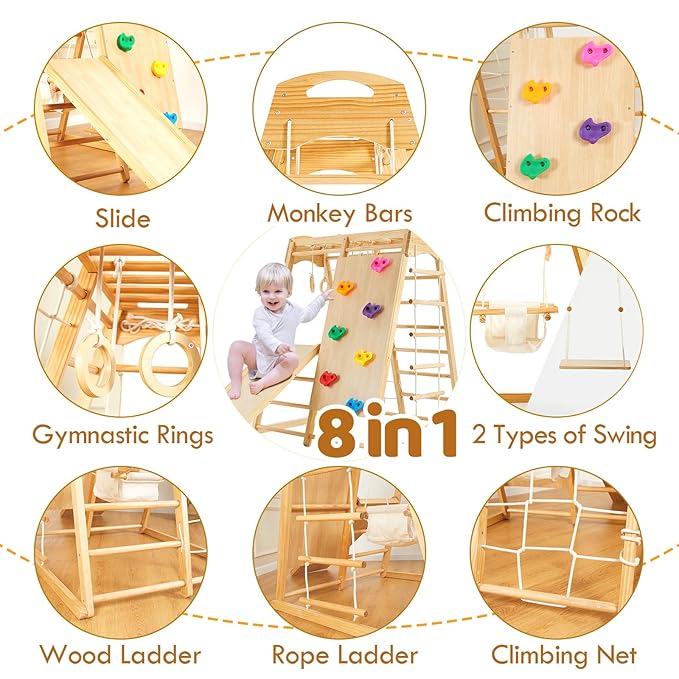FUNLIO 8-in-1 Wood Indoor Playground for Kids 3-8 Years, Larger & Heavier Climbing Toys with Solid Pine, Indoor Gym for Kids with Swing/Slide/Climbing Rock/Net/2 Ladders/Monkey Bars/Gymnastic Rings