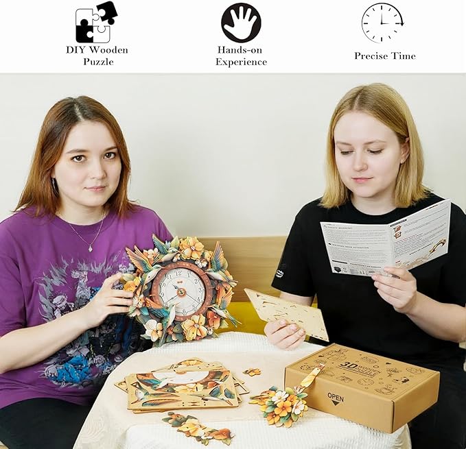 3D Wooden Puzzles for Adults Hummingbird Clock - Wall ‌‌Clock Puzzle Xmas Room Model Building Kit Creative Art Craft Gift Home Decor for DIY Enthusiasts, Brain Teaser Building Set Birthday Gifts