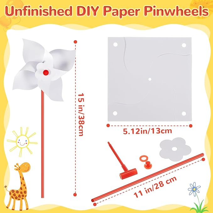 300 Pcs DIY Paper Pinwheels for Kids Bulk Fall Summer Craft Kits White Blank Paper Pinwheels for Girl Boy School Group Activities Daycare Home Graffiti Art Craft Party Halloween Christmas (5.12 Inch)