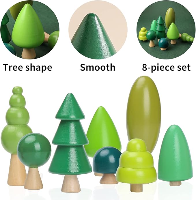 OESSUF 8Pcs Wooden Tree Toy Set Wooden Forest Various Sizes Natural Woodland Trees Creative Toddler Arts Toy