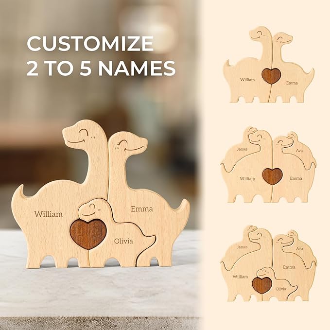 Wooden Dinosaur Family Puzzle, Personalized Puzzles with 2-5 Names, Fathers Day Birthday Wedding Gifts for Mom Dad Women Men, Home Decor Housewarming Gifts for Parents Couple