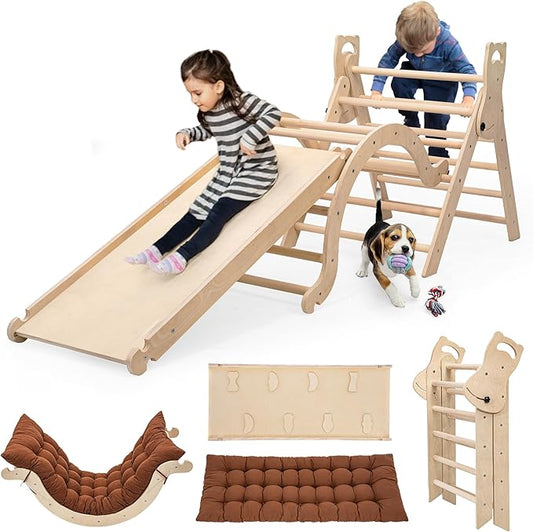 Large Foldable Toddler Climbing Toys Indoor Jungle Gym, Pikler Triangle Set with Cushion, S-lide and Arch, 7-in-1 Montessori Climbing Set(1.5-6yrs)