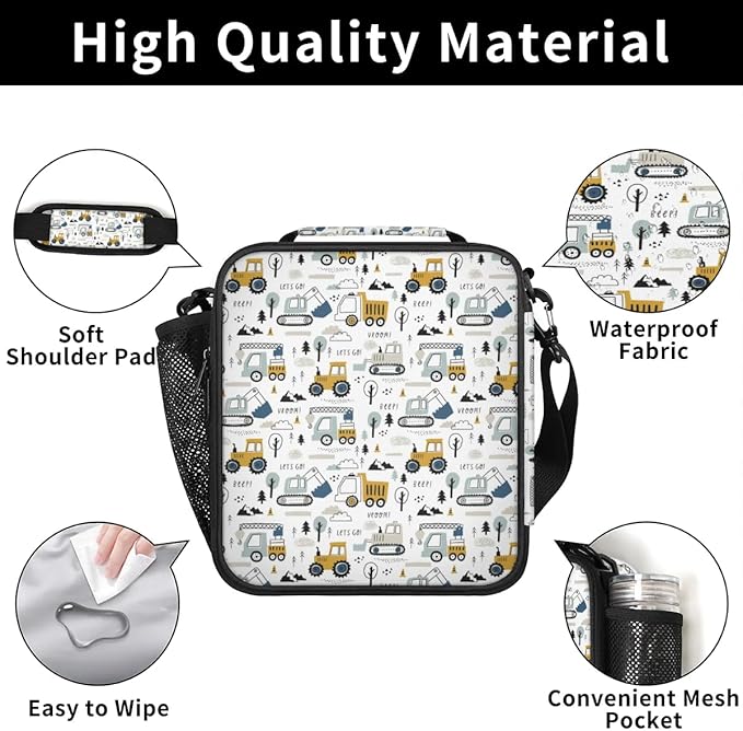 Excavator Car Large Lunch Box,Insulated Lunch Bags with Adjustable Shoulder Strap,School Thermal Lunchbox Cooler Tote Handbag,Waterproof Portable Tote Lunch Bag for School Picnic Work Office