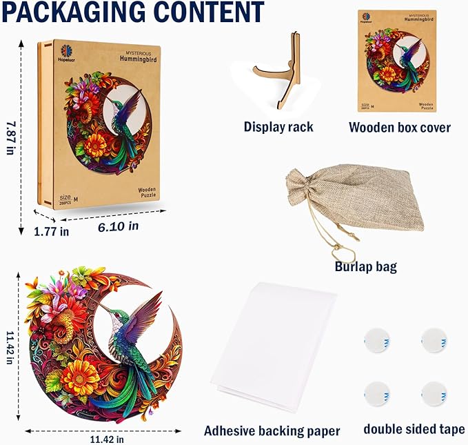 Unique Wooden Puzzles for Adults, Hummingbird Puzzle 200 Pieces 11.42" x 11.42", Animal Shaped Wood Puzzles Adult Brain Teasers, Wooden Jigsaw Puzzles, Family Games for Kids and Adults