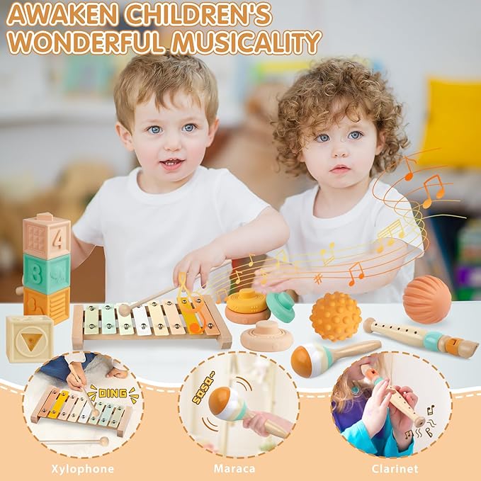 Montessori Toys for 6 Month Old 1+ Year Old 6 in 1 Musical Instruments for Toddler Stacking Blocks Rings Development Learning Educational Toy with Wooden Xylophone for 6 7 8 9 Months 1 Year Old Baby