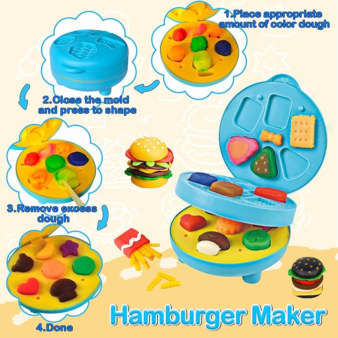 4 in 1 Play Color Dough with 36pcs Modeling Dough Art Crafts Tools Kit Kitchen Creations Cake Noodle Ice Cream Hamburger Maker Machine Food Play Toys for Kids, Pack of 104pcs