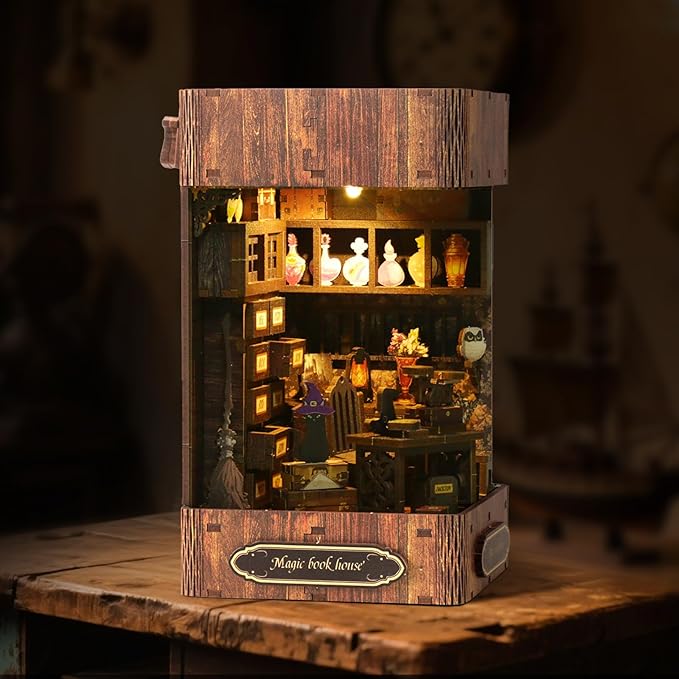 Book Nook Kit - DIY Enchanted Cottage Miniature House for Adults & Teens, 3D Wooden Puzzle Booknook with LED Lights, Bookshelf Insert Decor & Creative Model Building（Magic Bookstore）