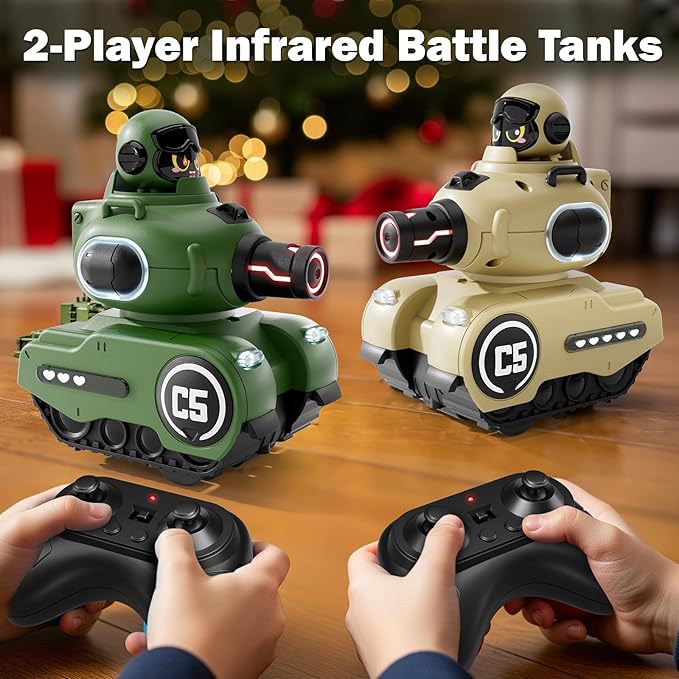 2 Pack Cute Cartoon Remote Control Battle Tanks with Laser tag|Hobby RC Cars Shoot to Ejected Out|Military Army Toys for 6 7 8 Year Old Boys Girls | Christmas Birthday Gifts for Toddler