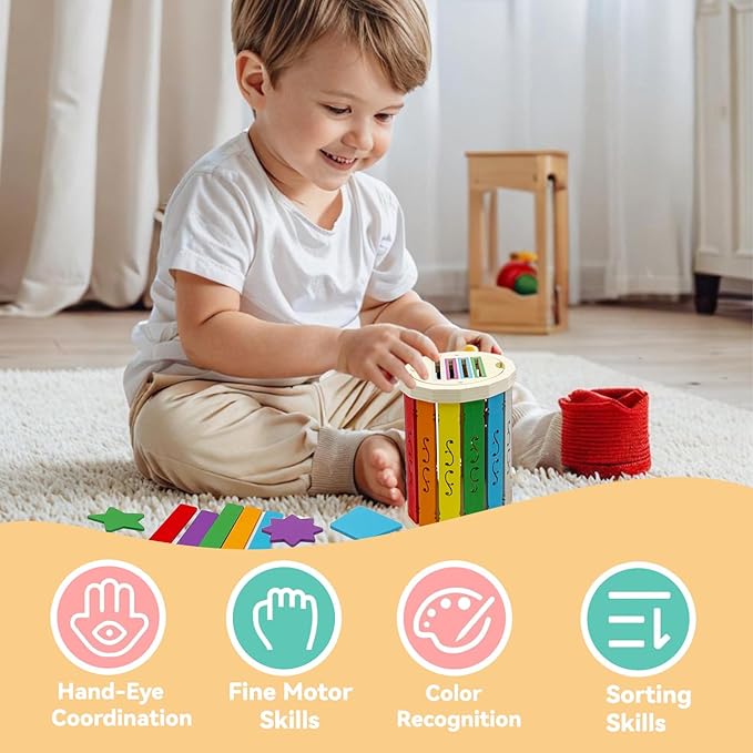 Wooden Montessori Baby Toddler Toys: Learning Fine Motor Skills Sensory Toys for Toddlers 3-5, Educational Color Sorting Preschool Learning Activities Boys Girls Gifts (Rainbow Bucket)