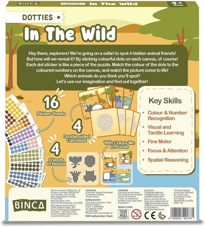 BINCA Dotties Dot Art Activity Kit, 750+ Stickers, Wild Animals Mess-Free Activities, DIY Dot Sticker Art for Toddlers, Kids Travel Activities, Craft Kits & Gifts for Boys & Girls Ages 4,5,6,7