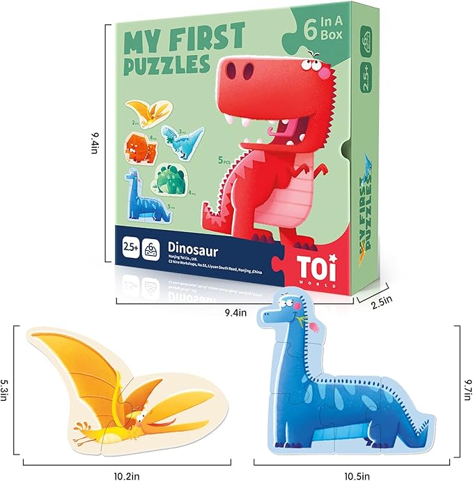 Toi 6 Packs Large Piece Toddler Jigsaw Puzzles for Kids Aged 2.5+, Animal Shaped Floor Puzzles for Beginner, Preschool Learning Game for Boys Girls, Dinosaur