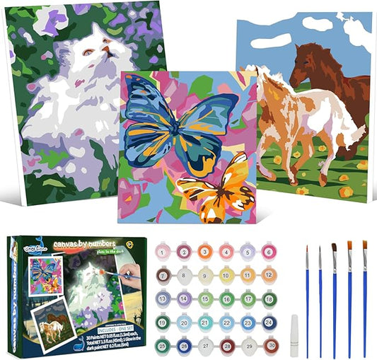 Paint-by-Numbers for Kids Ages 8-12 - Acrylic Paint Set, Paint by Numbers, Glow in The Dark, DIY Craft, Include 3 Canvas Framed with 30 Pots, 5 Brushes, Horse Paint by Number, Wooden Crafts to Paint