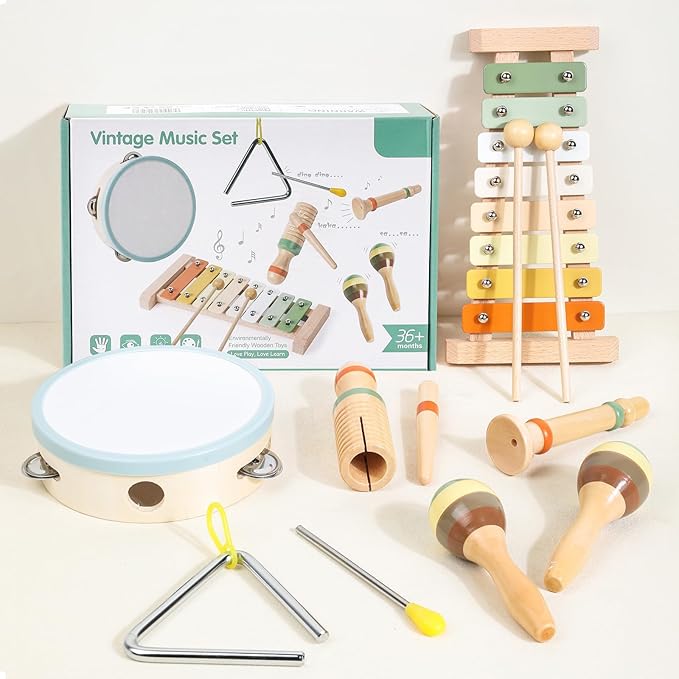 Baby Musical Instruments Set, Toddler Montessori Toys Neutral Colors Percussion Set Preschool Educational Xylophone Music Toys for 2 3 4 Year Old Kids Girls Boys Birthday Gifts
