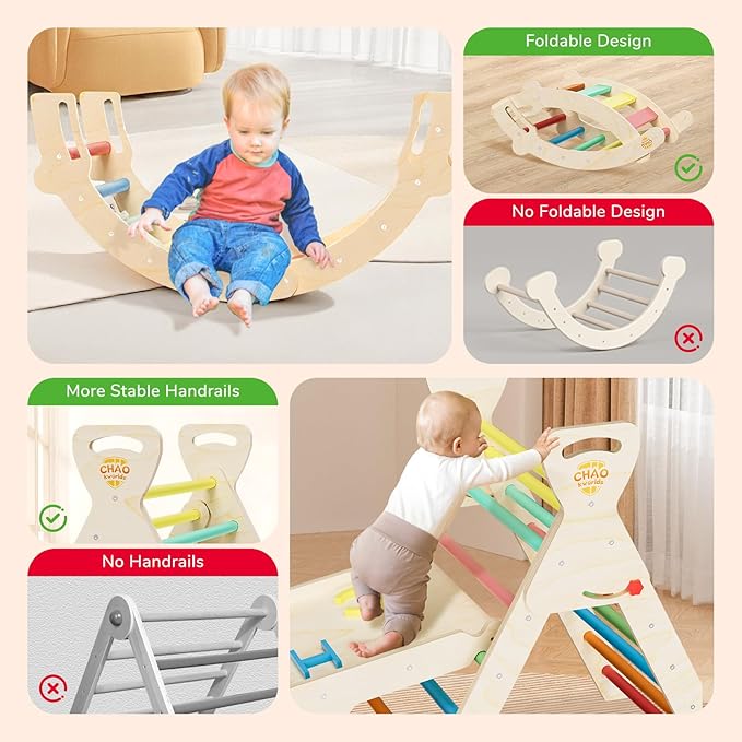 Pikler Triangle Set 7-in-1 Foldable Montessori Wooden Climbing Toys for Toddlers 1-5 Years Indoor Jungle Gym with Slide, Arch Ladder & Ramp Solid Wood Baby Activity Climber（ Rainbow）