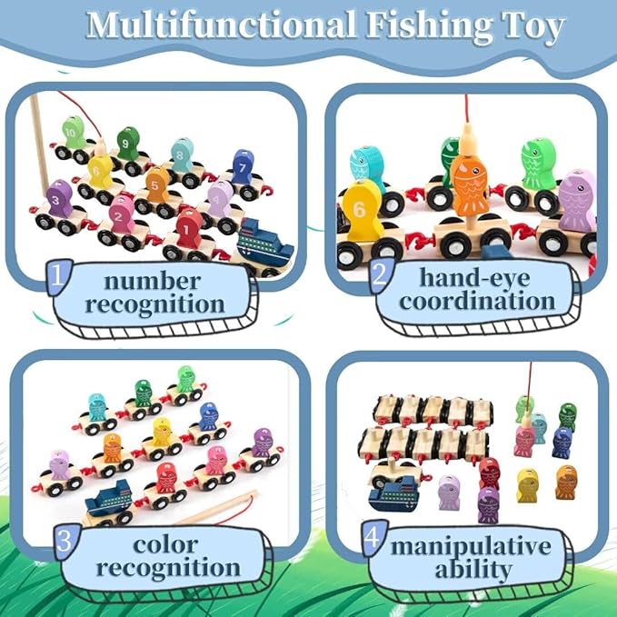 Magnetic Fishing Game for Kids, Wooden Train Set with Numbers Montessori Counting Toys, Preschool Math Learning Educational Game Birthday Gift Fine Motor Skill Toy for Toddlers