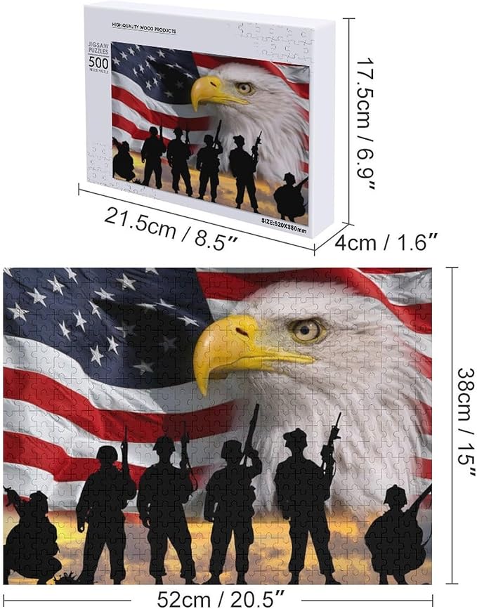 Jigsaw Puzzle for Adults 500 Pieces American Flag Eagle Soldiers Patriotic Leisure Creative Games Wooden Puzzle Game Artwork for Adults Teens Children Toys Gift