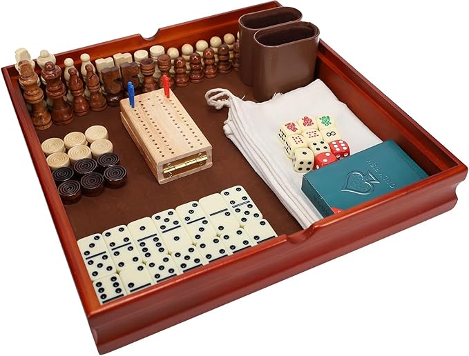 WE Games 7-in-1 Wooden Combo Game Set - Chess, Checkers, Backgammon, Dominoes, Cribbage, Dice & Cards, Walnut Wood 12 inch Combination Board Game Set for Adults