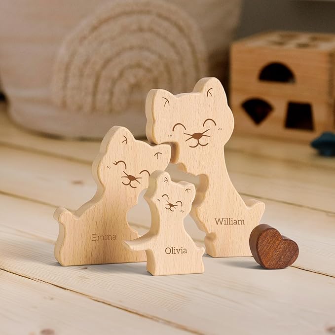 Wooden Cat Family Puzzle, Personalized Puzzles with 2-5 Names, Mothers Day Birthday Personalized Gifts for Mom Dad Grandma Kids Teen Boys Girls, Toddler Men Christmas Thanksgiving Decorations