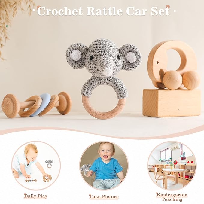Wooden Baby Rattle 3 PCS Push Car Rattle Set Crochet Rattle Ring Wooden Montessori Toy for Newborn Infant Baby Gifts (Elephant Rattle)