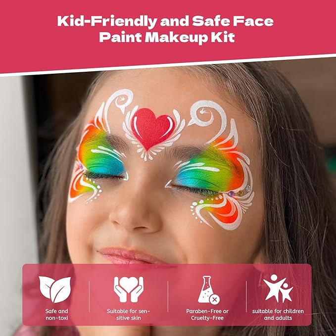 Professional Face Painting Kit for Kids Adults-12*10g Non Toxic Water Activated Face Paint Kit With Brushes,Stencils，Gem Stickers;Halloween,Carnival;Water Based Facepaint Makeup Kit for Kids Party