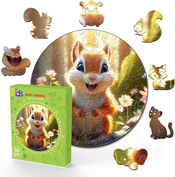Wooden Puzzles for Kids Ages 4-8, Cute Squirrel Puzzle, Unique Animal Shaped Wooden Jigsaw Puzzles for Kid, 50 Pieces Puzzles for Kids(50pcs,11.4 * 11.4in)