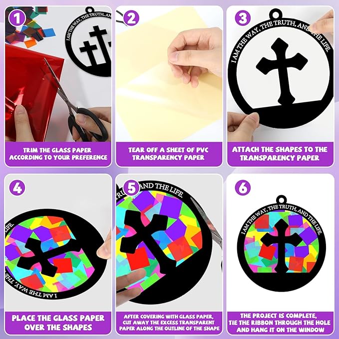 32 Sets Cross Suncatchers Craft Kit DIY Religious Window Stained Glass Effect Christian Paper Craft Home School Classroom Decoration Kid Sunday School Birthday Gift Creative Art Project Activity Game