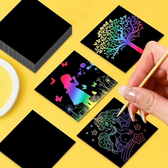 Lenwen 500 Pack Scratch Cards Rainbow Note Scratch Pads with 20 Bamboo Stylus for People Paper DIY Paper Craft Arts Kits Birthday Party Favors Supplies (Rainbow,500)