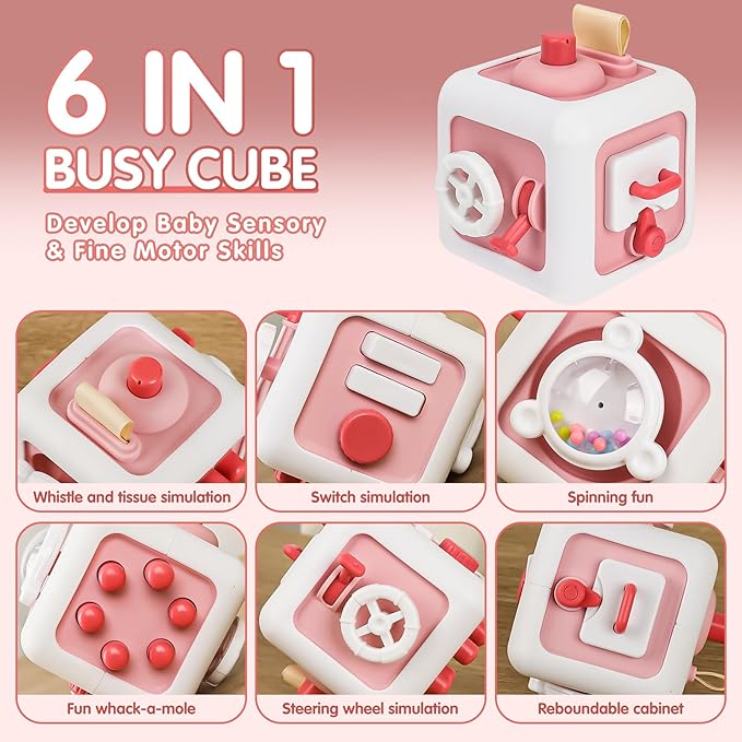 Toys for 1 Year Old Boy Girl, Montessori Busy Board Busy Cube, Travel Toys for Toddlers 1-3, 1 Year Old Girl Boy Gifts, Pink