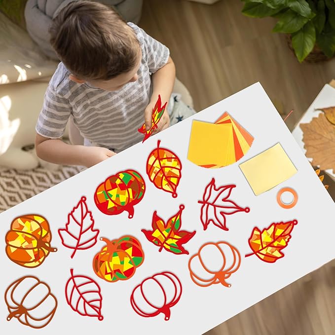 Qyeahkj 36 Set Fall Suncatchers Crafts for Kids DIY Autumn Window Tissue Paper Crafts Kit Maple Leaves Pumpkin Hanging Decor for Thanksgiving School Home Activity Art Project Birthday Party Favor Gift