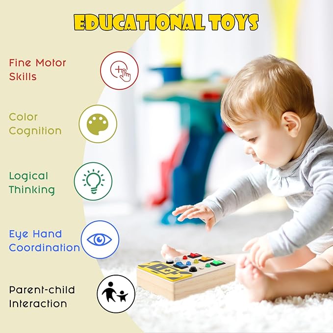 Asweets Montessori Busy Board for Toddler,Wooden Busy Board with LED Light Switches,Sensory Autism Toys Baby Travel Toys,Boys Girls Gifts for Birthday Christmas