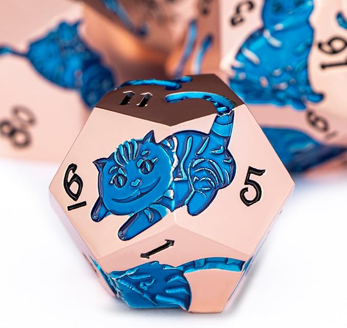 Metal DND Cat Dice 7PCS Polyhedral RPG Dice Set with Gift Case for Dungeons Dragons Role Playing Game, D and D Dice D6 D8 D10 D12 D20 D% (Copper Blue)