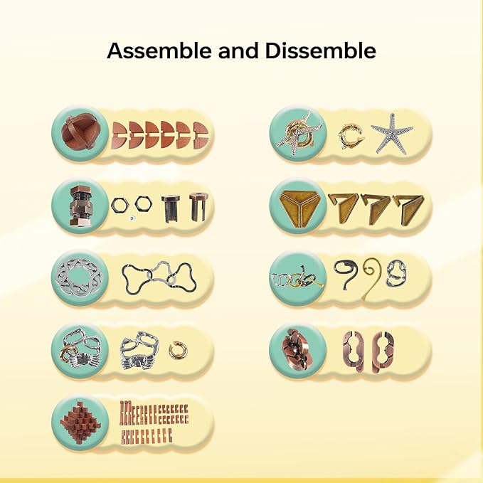 9pcs Retro Wooden and Metal Puzzles Bulk Gift for Kids, Teens, and Adults Unlock Interlock Brain Teaser Toys Game.