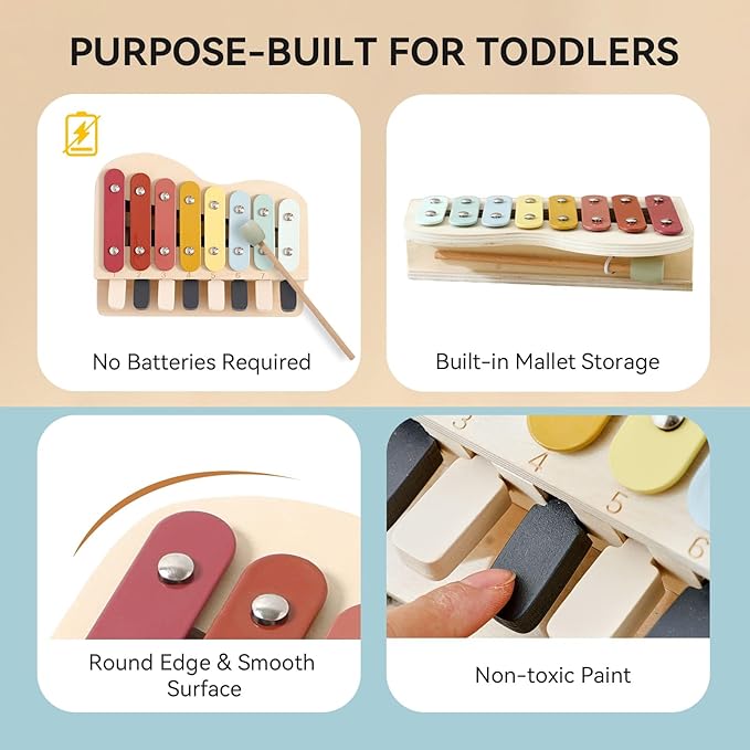 2-in-1 Piano Xylophone Wooden Musical Toy for Toddlers 1-3, Educational Musical Learning Instruments with 8 Colorful Keys, 5 Classic Song Sheets, Montessori Sensory Music Set for Girls Boys