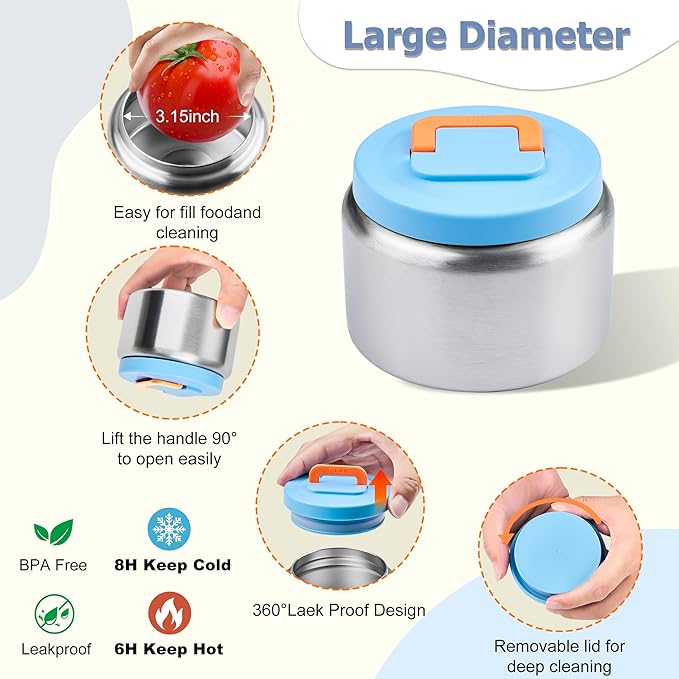 MAISON HUIS Kids Bento Box Set - Includes 8oz Soup Thermo, Insulated Lunch Bag & 17oz Stainless Steel Water Bottle, 5-Compartment Bento Box with Built-In Ice Pack, Leak-Proof & BPA-Free(Blue)