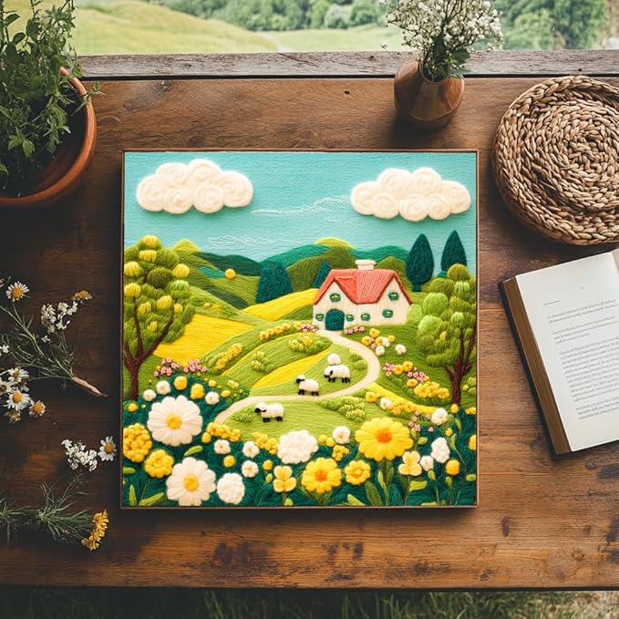 Bgraamiens -Felted Farm Land-1000 Pieces Farm Land Puzzle for Adults,Whimsical Embroidery Art Design, Flowers Art Puzzle