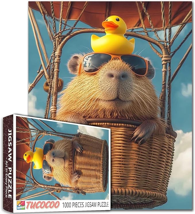 Sunglasses Animal Capybara Jigsaw Puzzles for Adults 1000 Pieces,Sky Hot Air Balloon Art Puzzles for Challenging Family Activity Games Colorful DIY Crafts Puzzle for Home Decoration Gifts