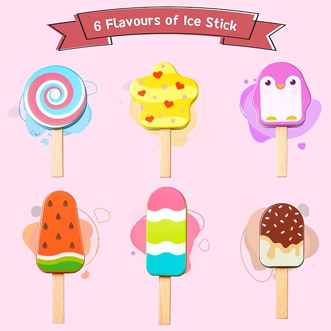 Wooden Ice Cream Toy for Kids, Toddlers Ice Lolly Pops Pretend Play Food Toys Ice Cream Shop Playset Gifts for Kids Age 3 4 5 6 Years Old