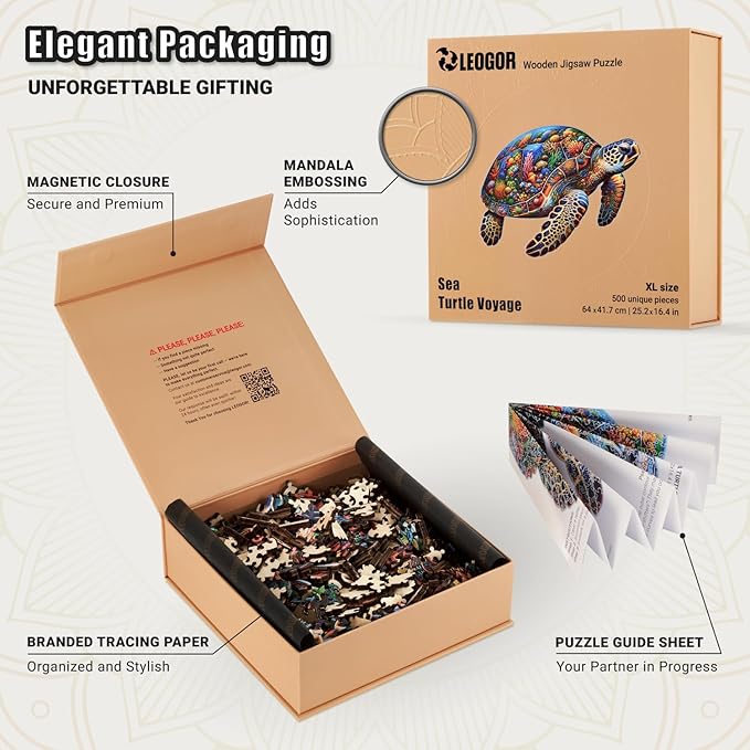 LEOGOR Wooden Jigsaw Puzzles for Adults 500 Pieces (25.2 x 16.4 in), Sea Turtle Puzzle, Extra-Thick 5mm Wood, Colorful Marine Life Design, Unique Gift and Interesting Challenge for Adults and Teens