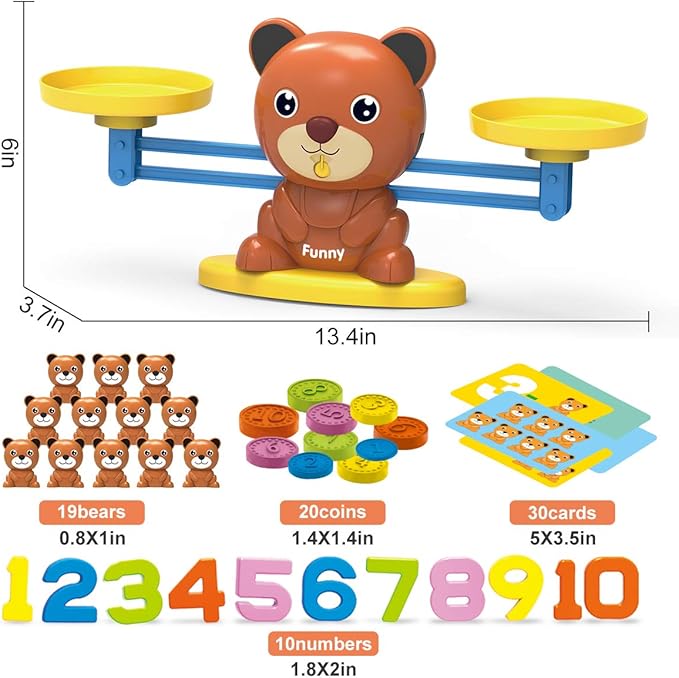 REMOKING Bear Balance Game, Funny Math Counting Toy with Numbers, Little Bears, Game Cards, Coins, Great Gifts for Kids 3 Years and up
