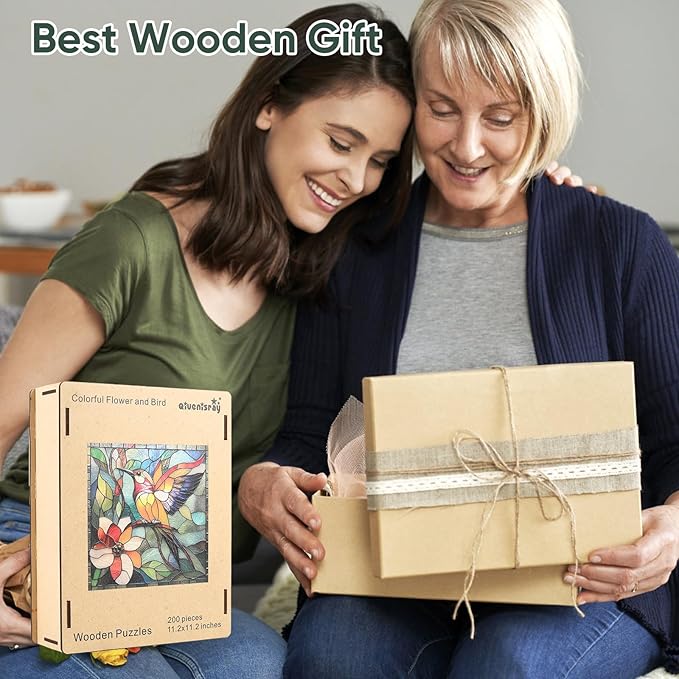 Wooden Puzzle for Adults, Stained Glass Hummingbird Puzzle 500 Piece, Unique Animal Shape Puzzles, Wooden Jigsaw Gift for Adults Thanksgiving for Family Friend (15.9 * 15.9 in)