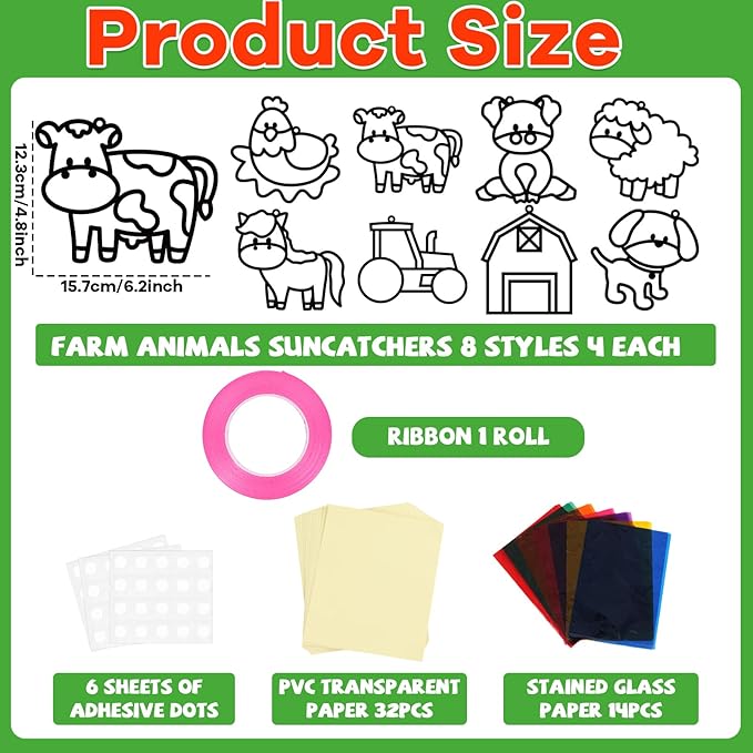 QOUBAI 32 Sets Farm Animals Suncatchers Craft Kit DIY Window Stained Glass Effect Cow Horse Chicken Paper Craft Home School Classroom Decoration Kid Birthday Gift Creative Art Project Activity Game