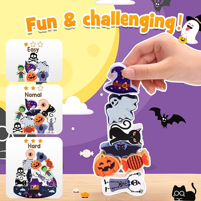 Halloween Toys for Kids 3-10 Kids Wooden Stacking Blocks Toy Birthday Gifts for 4 5 6 7 8 9 Year Old Boys Girls Toy Kid Balance Competition Games for Ages 5-7 Party Favors Boo Basket Stuffers