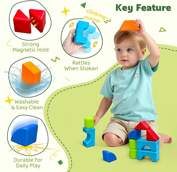 Magnetic Building Blocks, Large Magnetic Blocks for Kids Ages 1-3, 3D Geometric Shapes Stacking Blocks Set, Montessori Sensory Toys for Toddlers, Boys & Girls (12pcs)