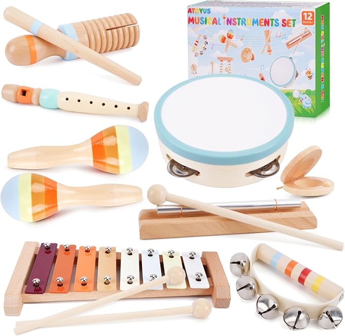 Wooden Musical Instruments for Toddlers 1-3 - Montessori Educational Toys for 1 2 3 Year Old Baby Kids, with Xylophone, One 1st 2st Christmas Birthday Gifts for Girls Boys