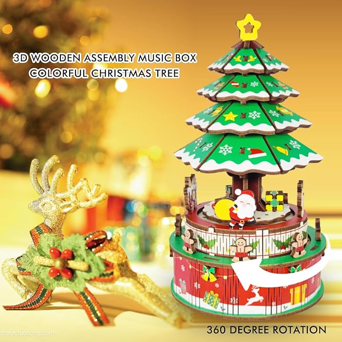 3D Puzzles for Adults Christmas Tree DIY Rotating Music Box Kit Mechanical Model Boys and Girls Birthday Gifts（Christmas Tree ）