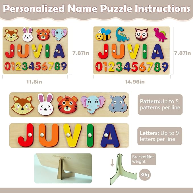 Name Puzzle for Kids Personalized - Custom Name Puzzles for Toddlers 1-3, Customized Wooden Animal Puzzle, Baby Gifts, Baby Shower, Christmas, Newbaby Gift, Gifts for 0 1 2 3 Years Old (style-05)