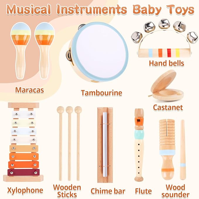 Wooden Musical Instruments for Toddlers 1-3 - Montessori Educational Toys for 1 2 3 Year Old Baby Kids, with Xylophone, One 1st 2st Christmas Birthday Gifts for Girls Boys