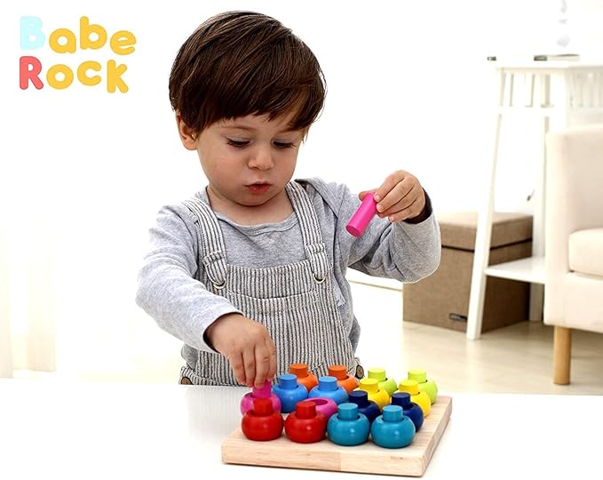 Wooden Color Sorting Stacking Rings Board Educational Learning Counting Toys Puzzle Games for 1 Year Old Preschool Kids Children Gift